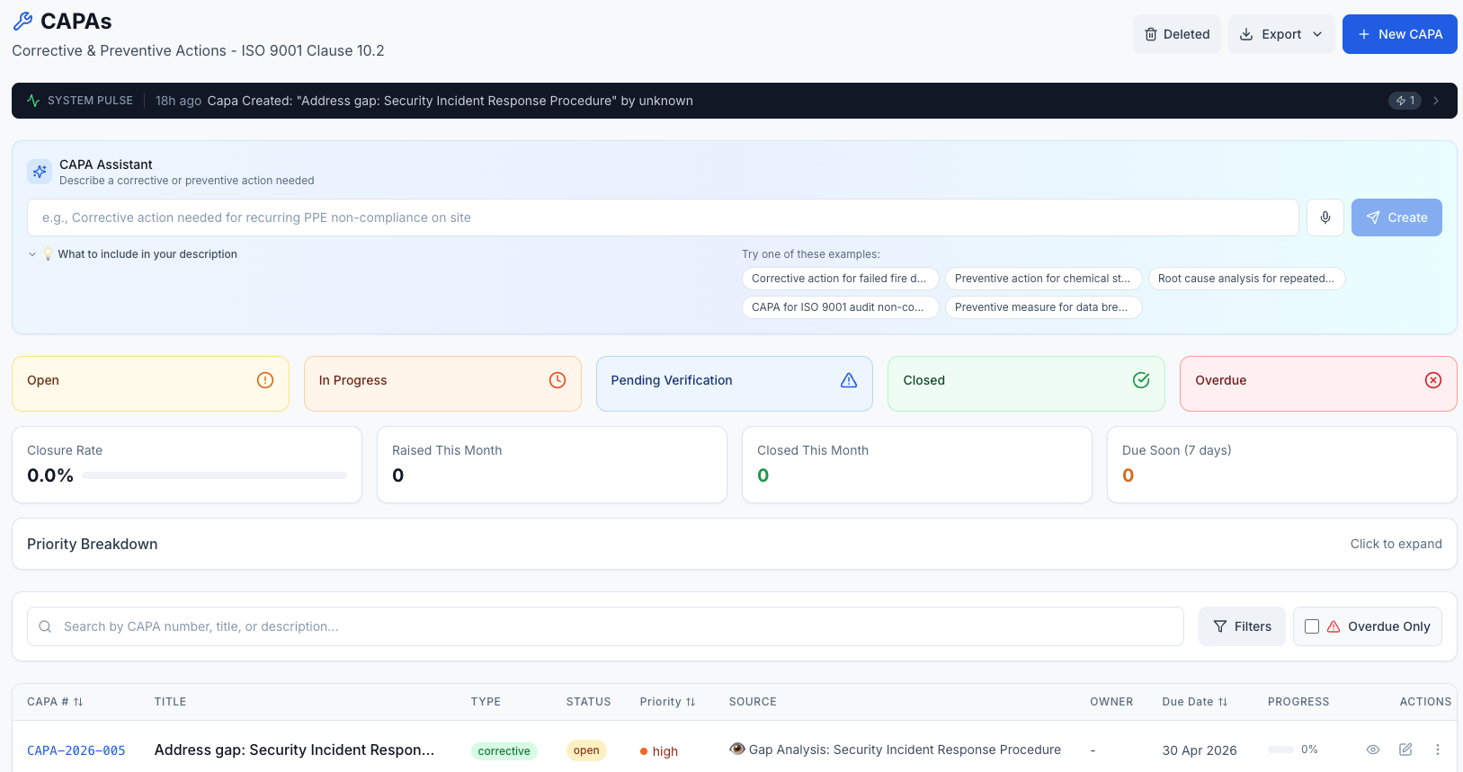 CAPA detail page with workflow, AI Smart Fill, and evidence upload