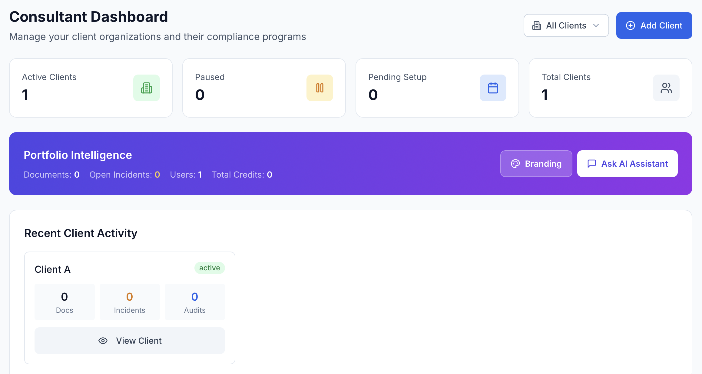 Consultant dashboard — manage every client's compliance from one view